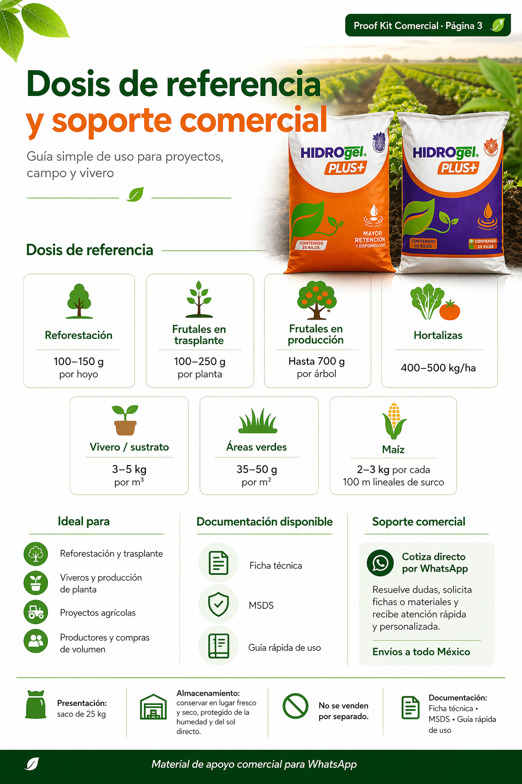 Lámina comercial con dosis de referencia, soporte documental y soporte comercial de Grower Factor 2:1